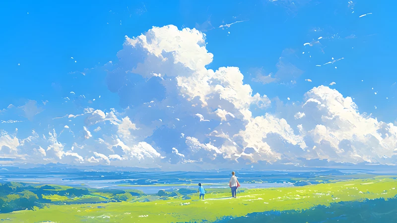 Ghibli-Style Green Field and Clouds 8K Ultra HD Desktop Wallpaper