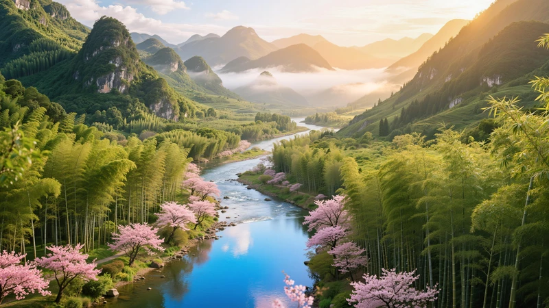 Chinese Style Cherry Blossom Valley 8K Ultra HD Desktop Wallpaper