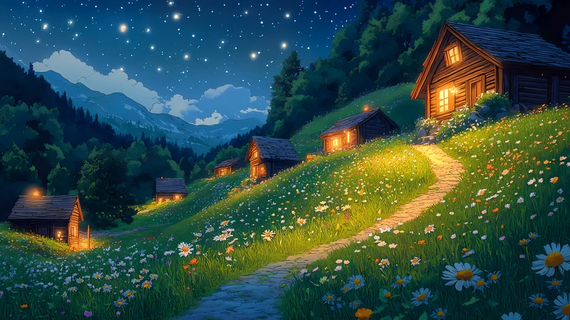 Oriental Art Starry Mountain Village 4K Desktop Wallpaper
