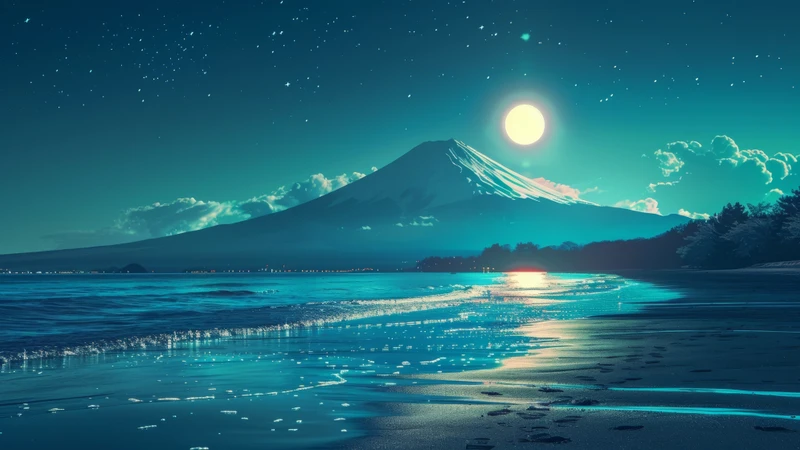Japanese Moonlit Mount Fuji 8K Ultra HD Desktop Wallpaper