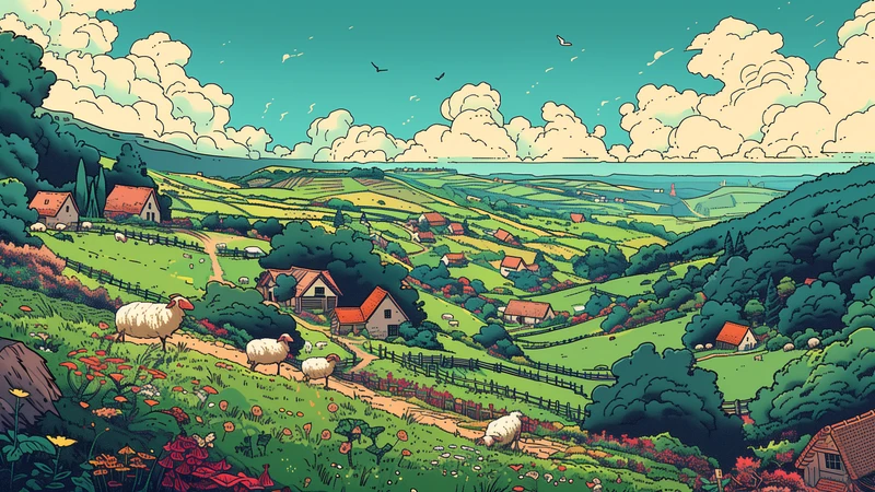 Illustrated Pastoral Landscape 8K Ultra HD Desktop Wallpaper