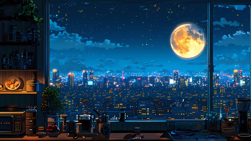 Anime Cityscape Night View 8K Ultra HD Desktop Wallpaper