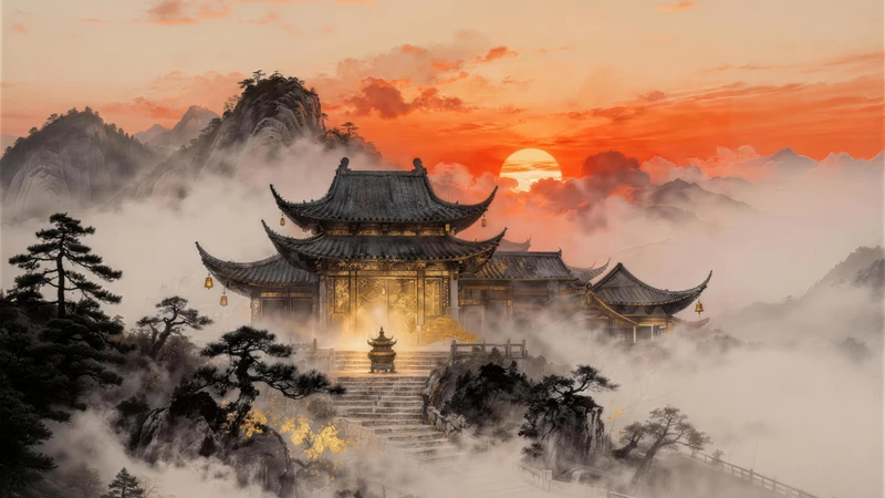 Chinese Style Ancient Temple Sunset 8K Ultra HD Desktop Wallpaper