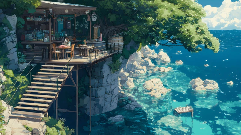 Japanese Anime Seaside Cottage 8K Desktop Wallpaper