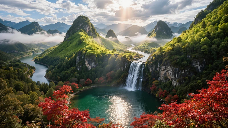 Chinese Style Landscape Waterfall 8K Ultra HD Desktop Wallpaper