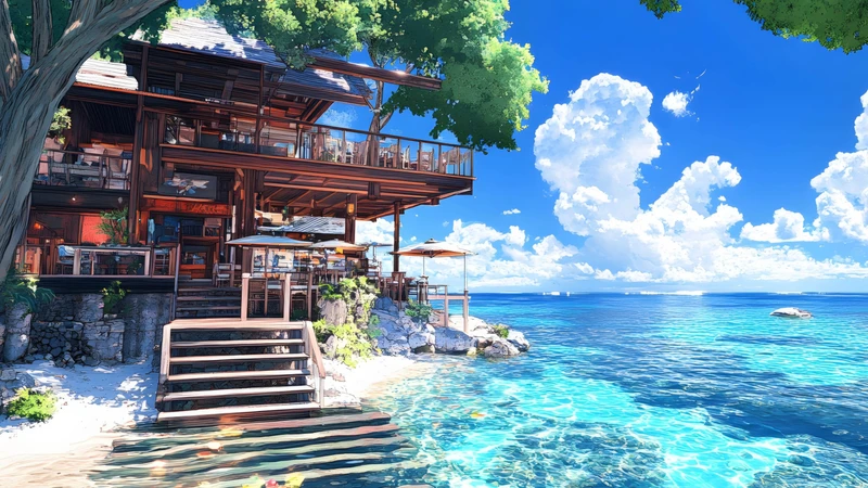 Japanese Seaside Wooden House 8K Ultra HD Desktop Wallpaper