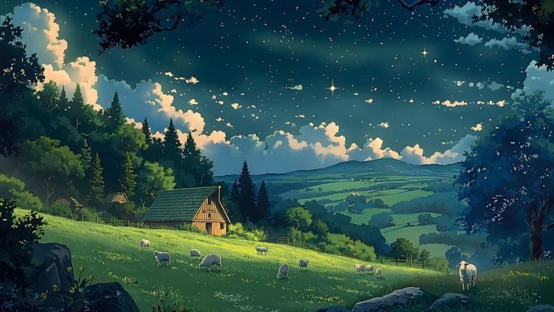 8K Serene Valley Nightscapes with Cabins and Sheep