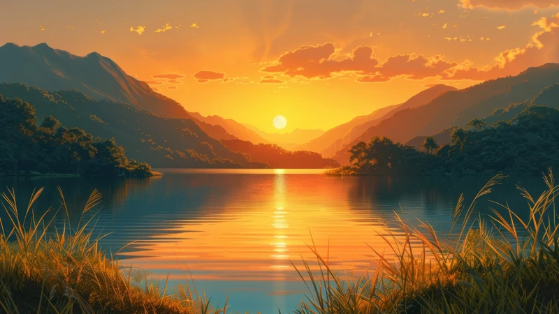 Oriental Art Sunset Lake 8K Ultra HD Desktop Wallpaper