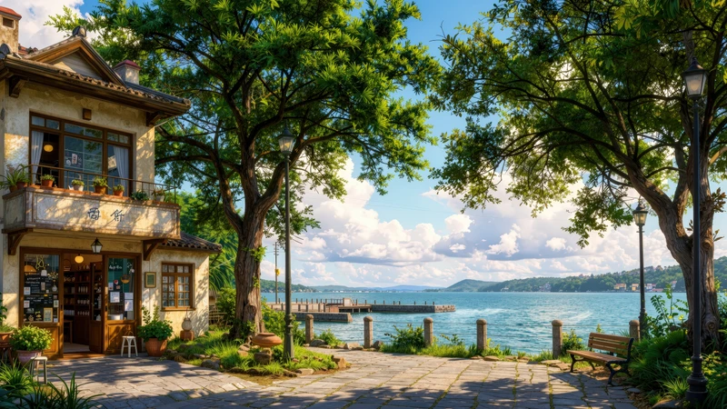 Japanese Lakeside Café 4K Desktop Wallpaper