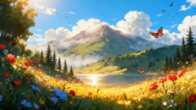 Healing Mountain Lake Flower Field 8K Desktop Wallpaper