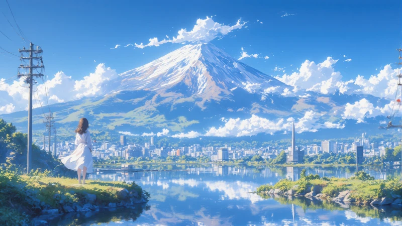 Japanese Anime Mt. Fuji Landscape 4K Desktop Wallpaper