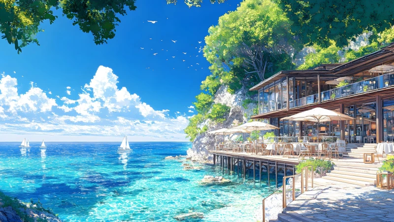 Japanese-Style Seaside Café 8K Ultra HD Desktop Wallpaper