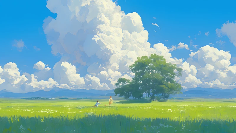 Ghibli Style Green Field with Clouds 8K Ultra HD Desktop Wallpaper