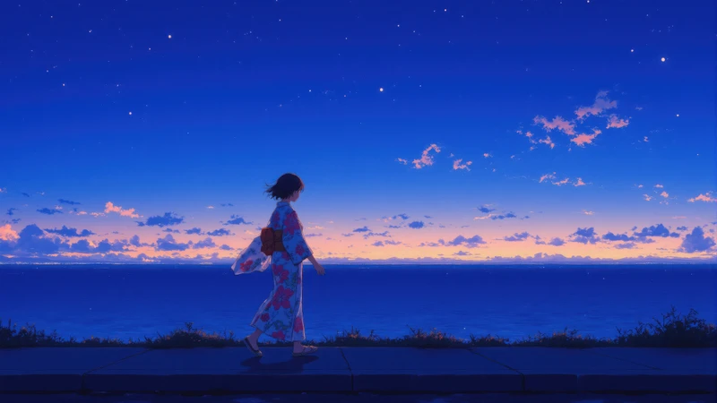 Japanese Anime Girl at Ocean Sunset 4K Desktop Wallpaper