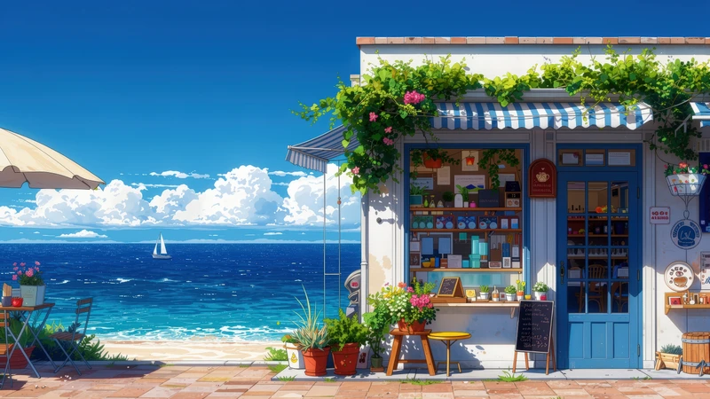 Japanese Coastal Café 4K Desktop Wallpaper