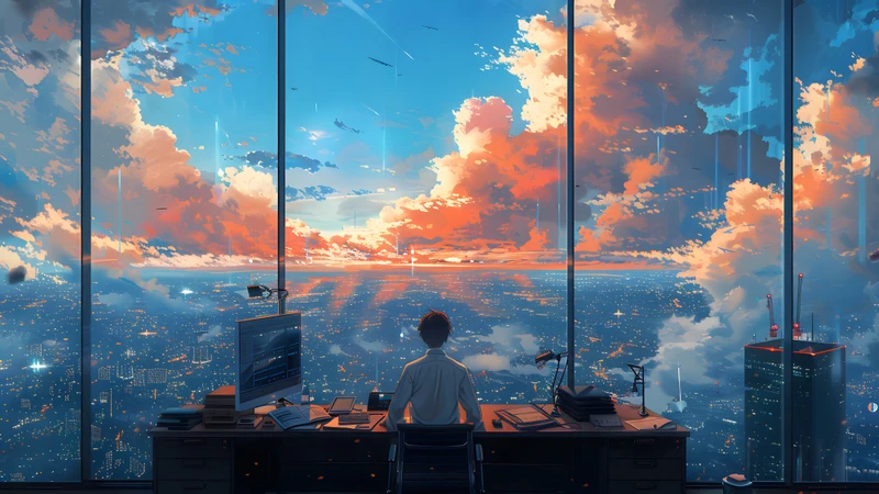 Anime Cityscape Sunset 8K Ultra HD Desktop Wallpaper