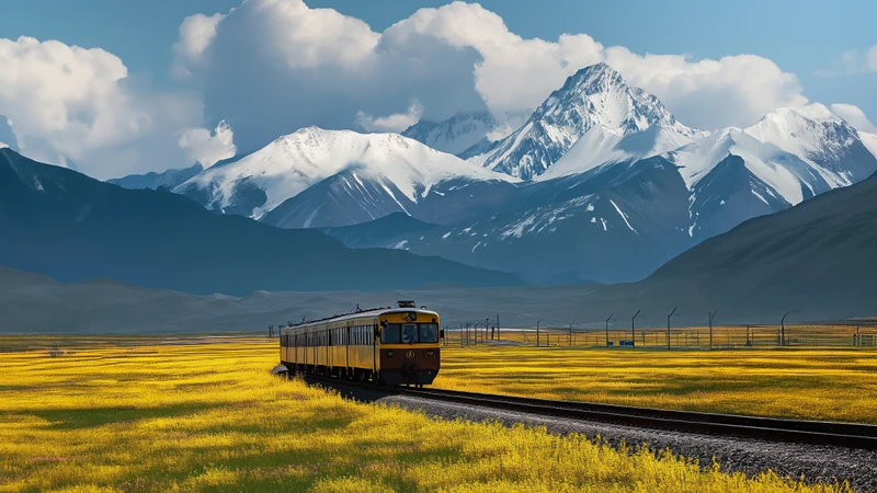 Realistic Mountain Train Landscape 8K Ultra HD Desktop Wallpaper