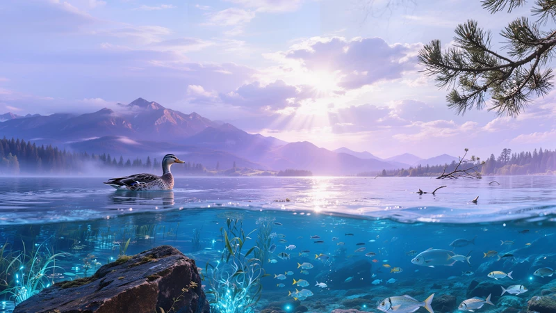 Dreamy Lake Scene with Duck Silhouette 8K Desktop Wallpaper