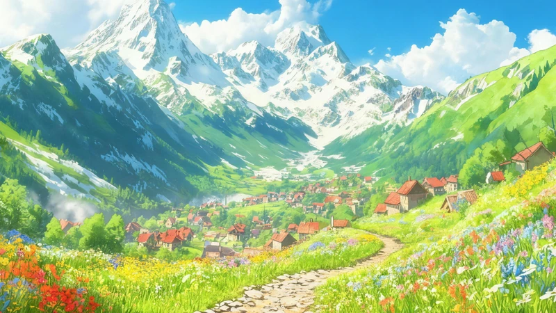 Japanese Anime-Style Mountain Town 8K Wallpaper