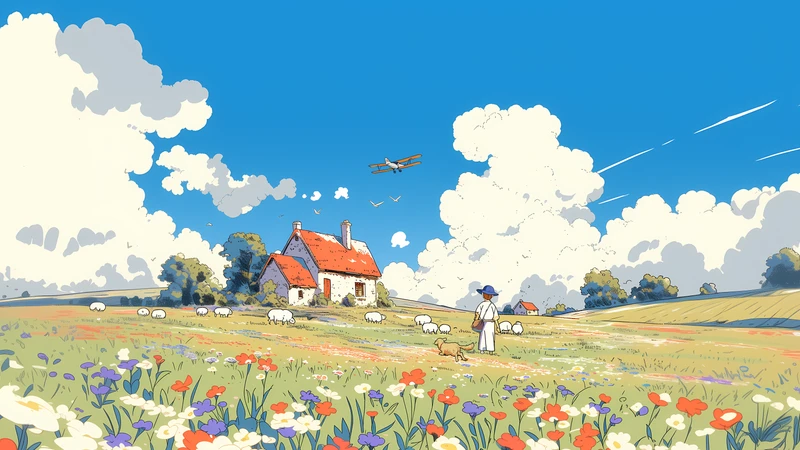 Studio Ghibli Style Flower Field and Pastoral Meadow 8K Ultra HD Wallpaper Collection - Pack with 7 wallpapers for $1