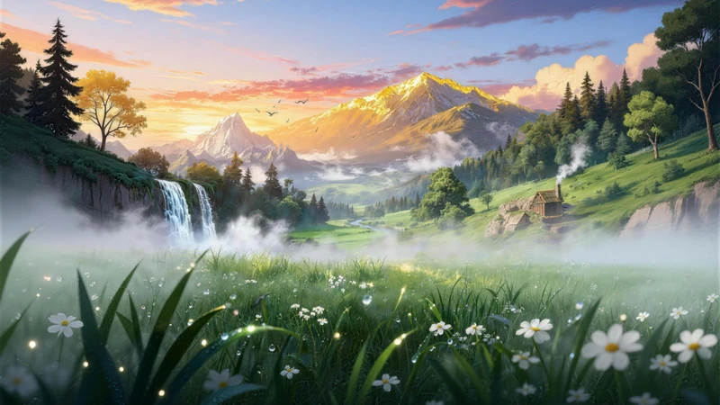 Dreamy Valley Waterfall 8K Desktop Wallpaper