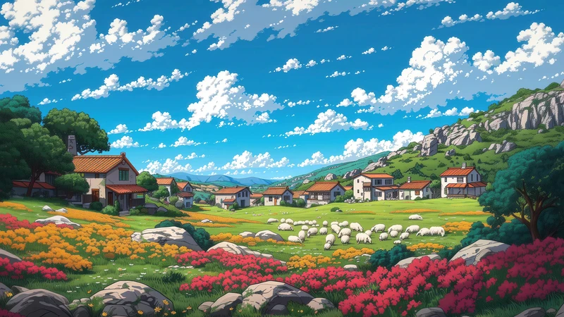 Anime Village Spring Landscape 4K 8K Ultra HD Wallpaper Collection - Pack with 8 wallpapers for $1