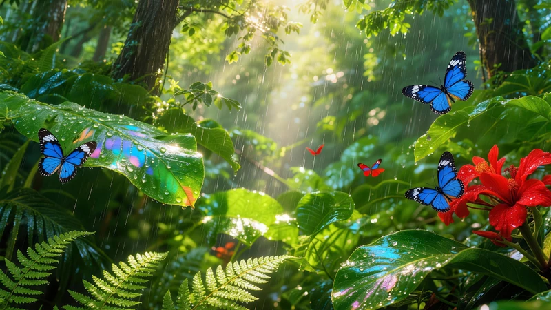 Tropical Rainforest Blue Butterflies 8K Ultra HD Desktop Wallpaper