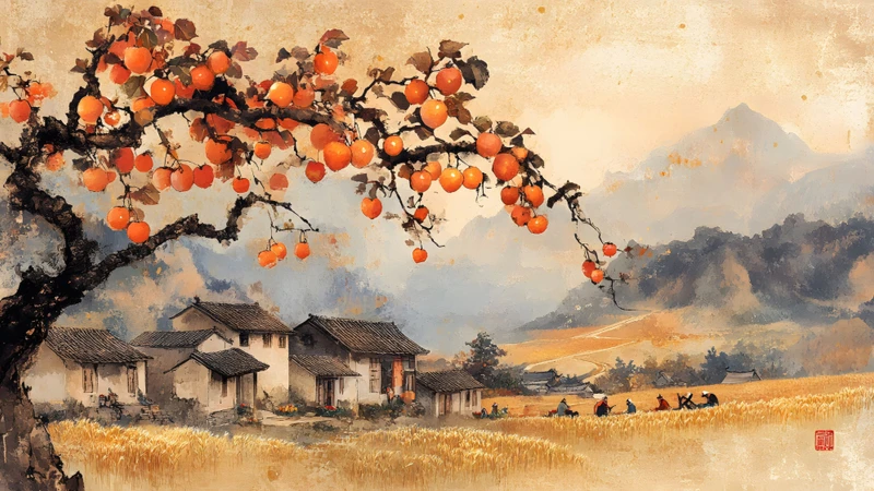 Chinese Style Persimmon Tree 8K Ultra HD Desktop Wallpaper