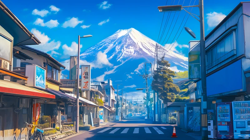 Japanese Street with Mount Fuji 4K Desktop Wallpaper