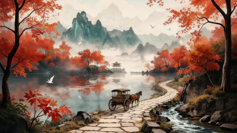 Chinese Style Autumn Landscape Mountain Water 8K Desktop Wallpaper