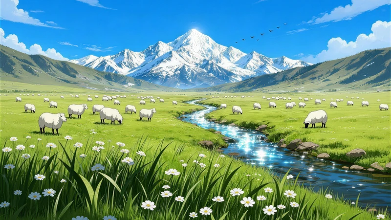 Anime-Style Snowy Mountains and Grassland 8K Desktop Wallpaper