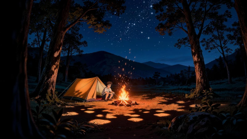 Forest Night Campfire 8K Desktop Wallpaper