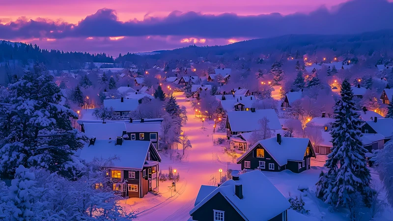 Winter Village Sunset 4K Desktop Wallpaper