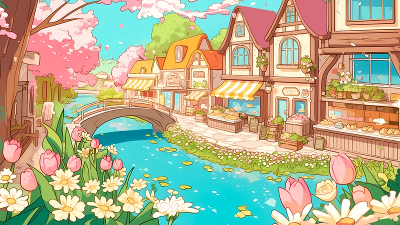 Anime Spring Village Stream 4K Desktop Wallpaper