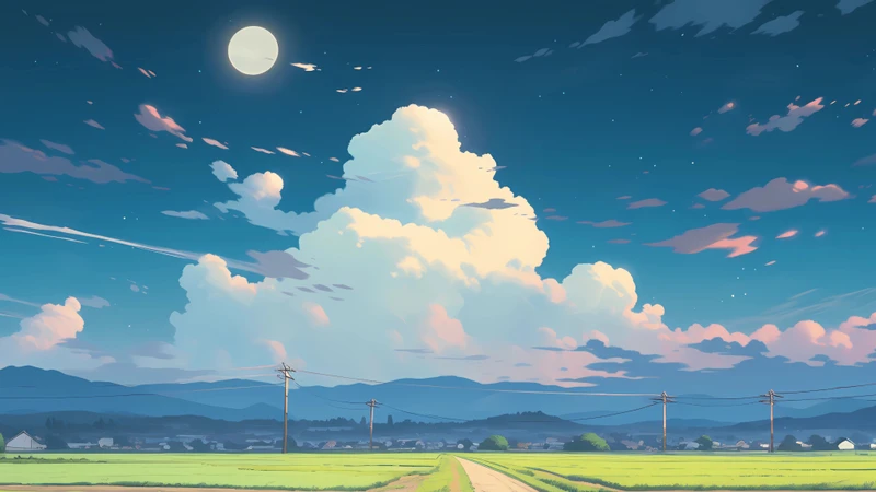 Anime Rural Field Night Sky 8K Ultra HD Desktop Wallpaper