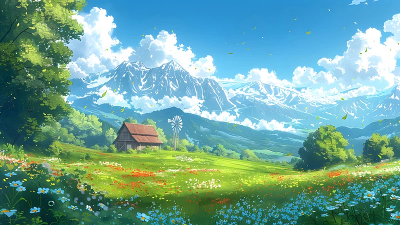 Japanese Anime-Style Pastoral Valley 8K Desktop Wallpaper