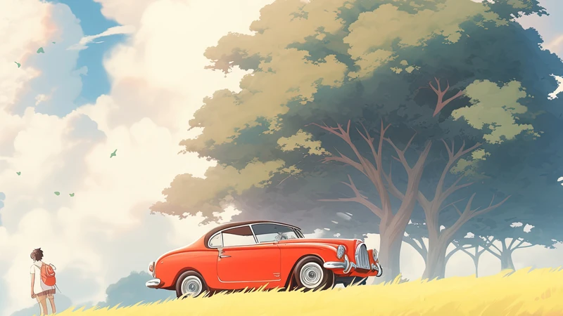 Anime Style Red Car in Sunlit Field 8K Ultra HD Desktop Wallpaper