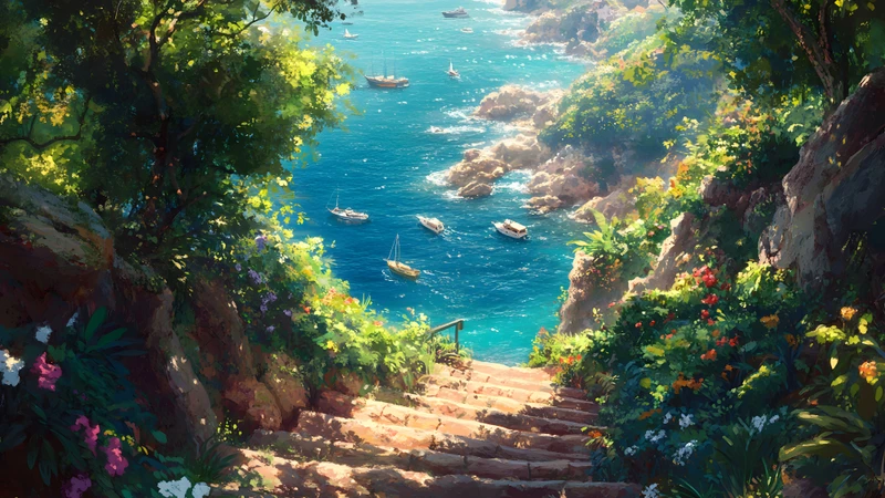 Japanese Anime-Style Seaside Stairs 8K Ultra HD Desktop Wallpaper