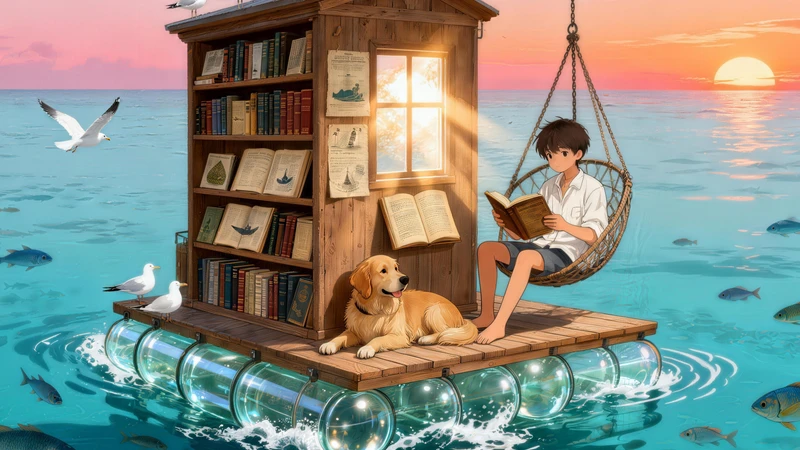 Japanese-Style Healing Seaside Book House 8K Desktop Wallpaper