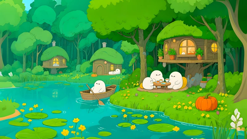 Kawaii Forest Cottage Treehouse Lake 4K 8K Ultra HD Wallpaper Collection - Pack with 3 wallpapers for $1