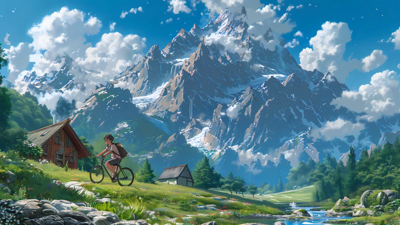 Studio Ghibli-Style Mountain Cycling 8K Desktop Wallpaper
