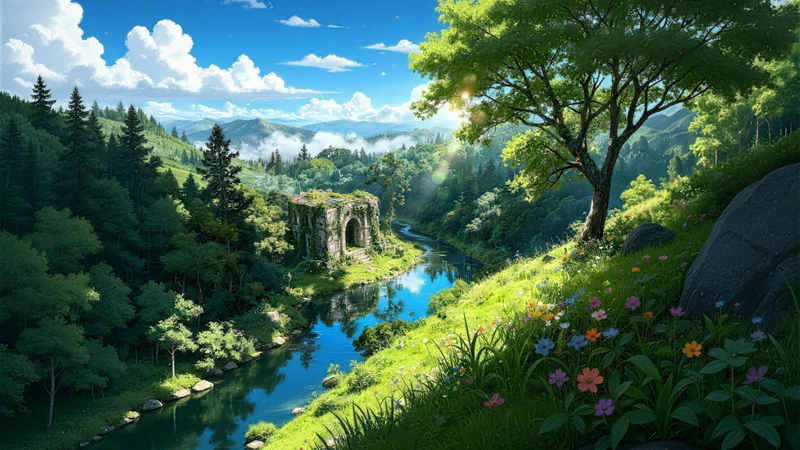 Oriental-Style Forest Stream 8K Ultra HD Desktop Wallpaper