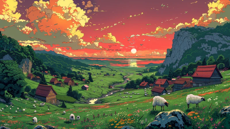 Ghibli-Style Valley Village 4K 8K Ultra HD Wallpaper Collection - Pack with 6 wallpapers for $1