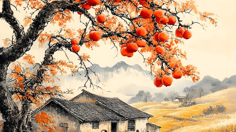 Čínský styl: kresby ovoce na stromech v technice gongbi, 4K tapety - Pack with 12 wallpapers for $1