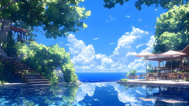 Japanese Anime-Style Pool Seaside 8K Ultra HD Desktop Wallpaper