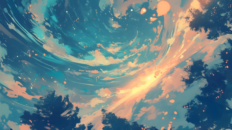 Anime Sky with Floating Leaves 8K Ultra HD Desktop Wallpaper