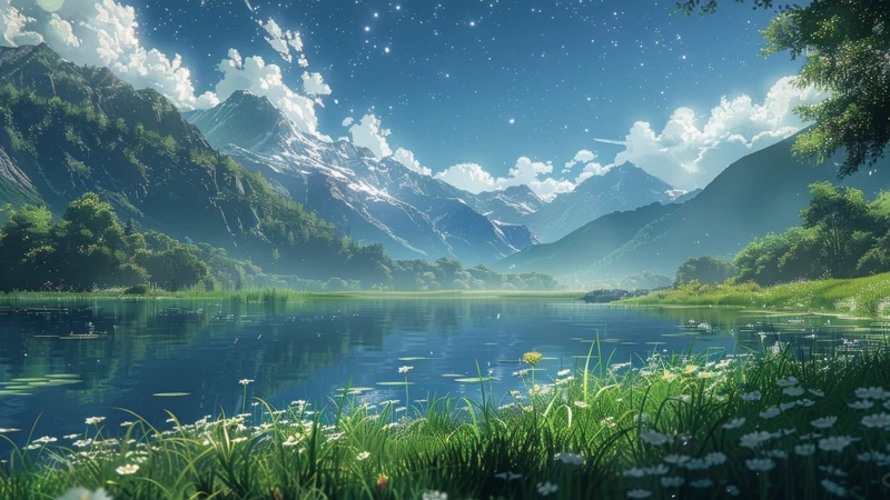 Anime Style Mountain Lake 8K Ultra HD Desktop Wallpaper