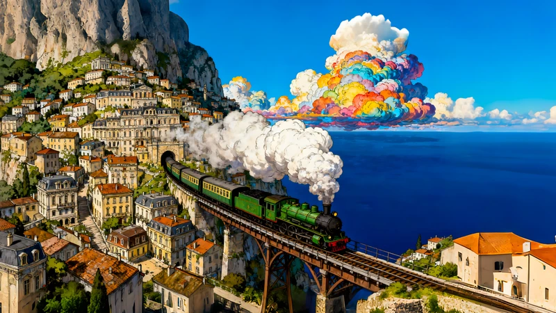 Oriental Art Coastal Town Train 4K Desktop Wallpaper