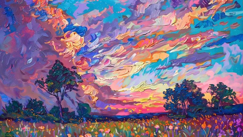 Abstract Oil Painting Sunset Flower Field 4K Desktop Wallpaper