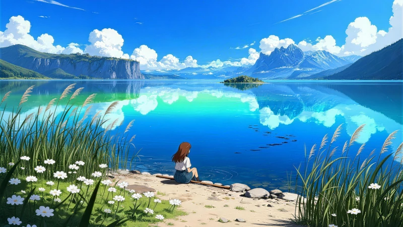 Studio Ghibli-Style Lakeside Girl 8K Desktop Wallpaper